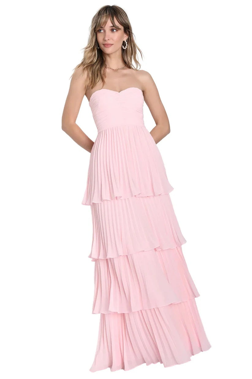 Sensational Light Pink Strapless Tiered Maxi Dress
