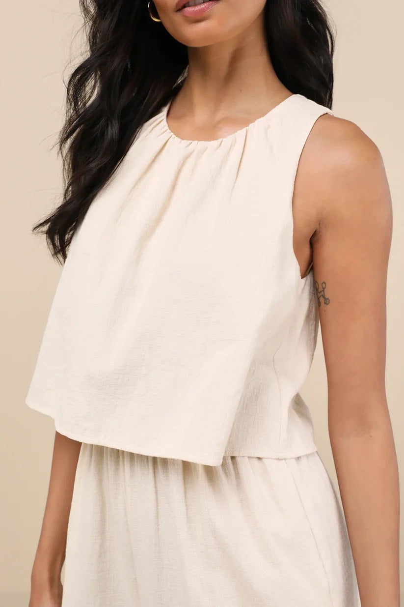 Breezy Sophistication Beige Textured Wide-Leg Jumpsuit