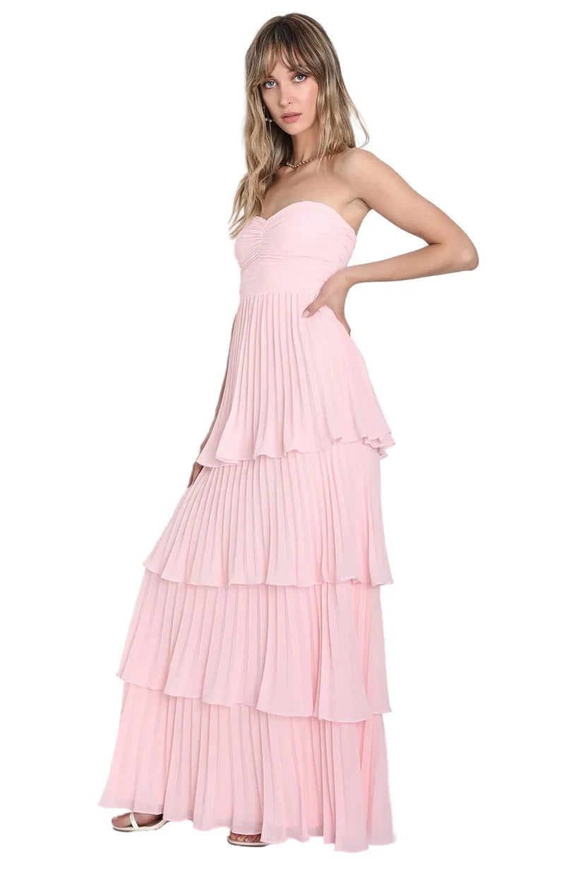 Sensational Light Pink Strapless Tiered Maxi Dress