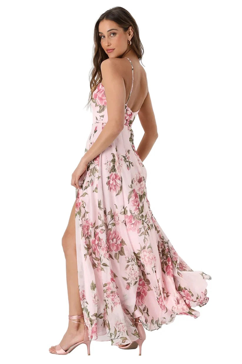Romantic Marvel Pink Floral Print Halter Neck Maxi Dress