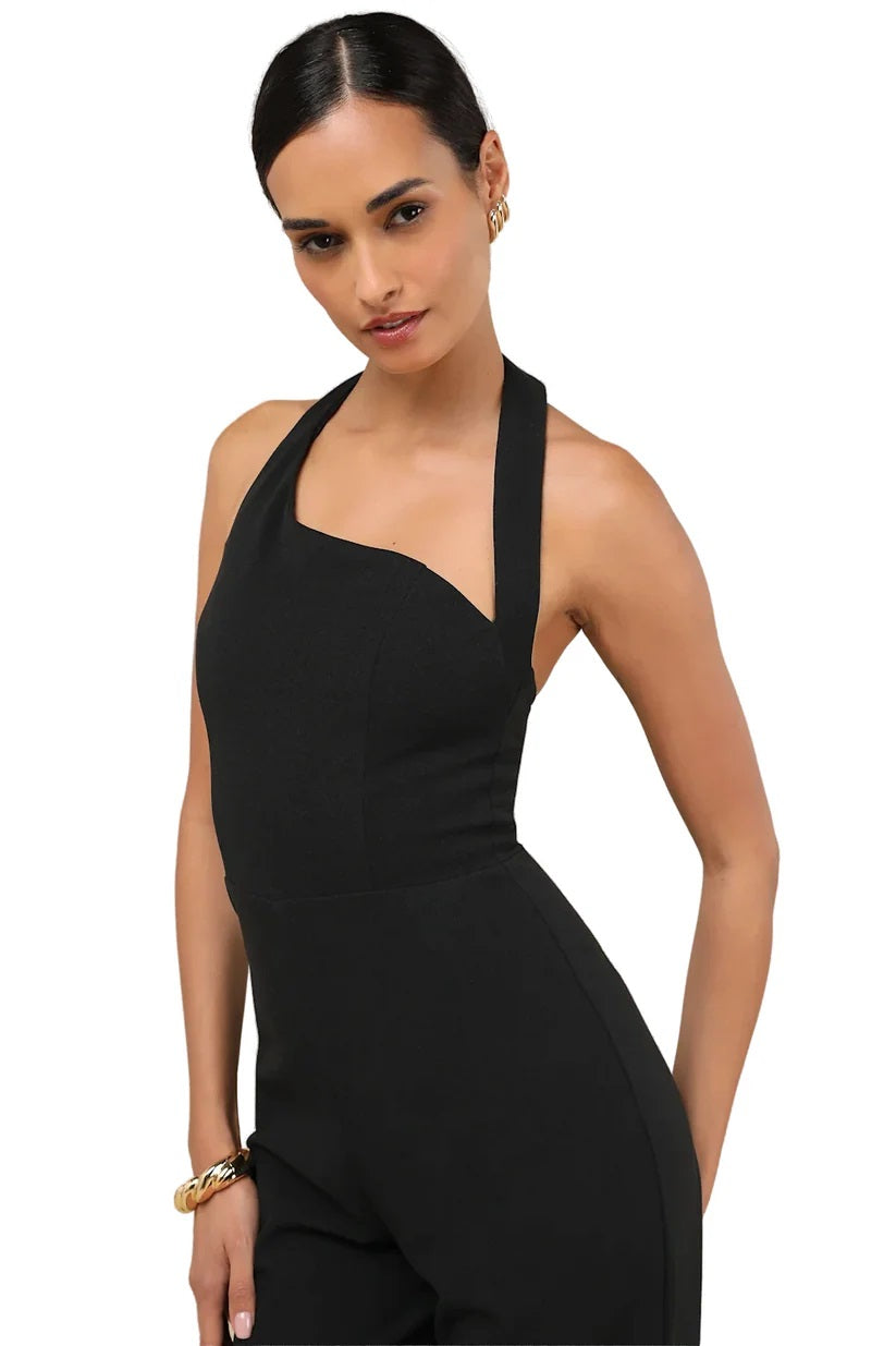 Flirty Outing Black Asymmetrical Halter Jumpsuit